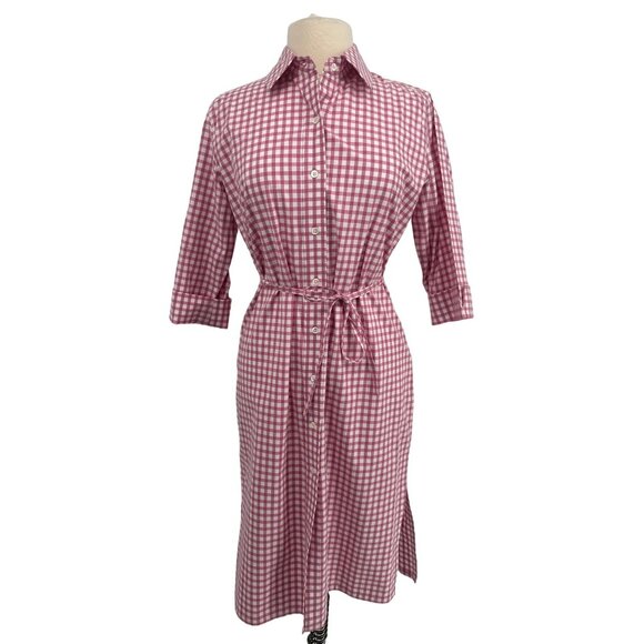 F. By Faconnable Women’s Pink Gingham Shirt Dress M 3/4 Sleeve Button-Front Belt